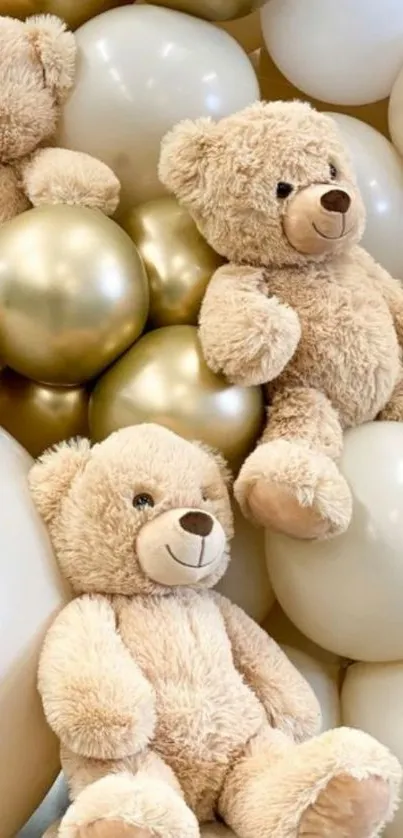 Cute teddy bears surrounded by cream and gold balloons.