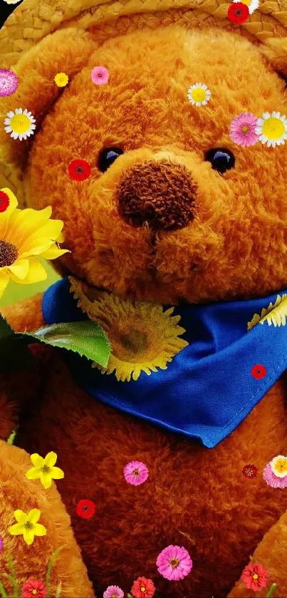 Cute teddy bear holding sunflower, wearing a straw hat in a field.