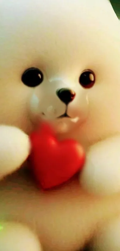 Fluffy white teddy bear with red heart against cozy background.