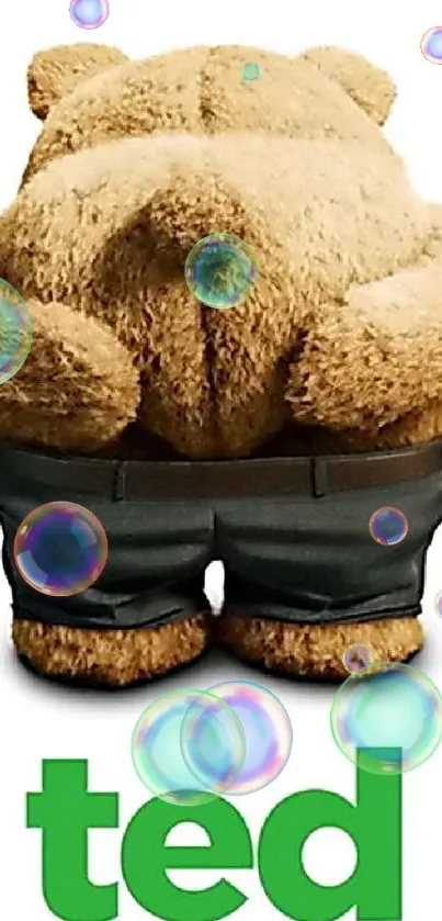 Humorous teddy bear in pants standing backward.