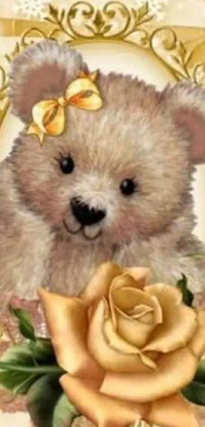 Cute teddy bear with bow and roses on a golden background.