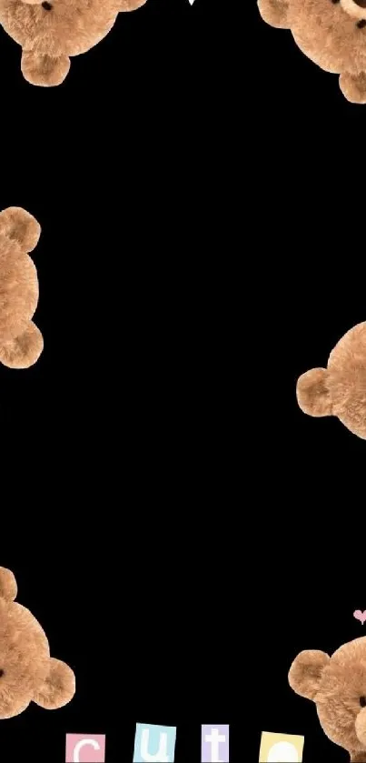 Wallpaper with cute teddy bears and black background.