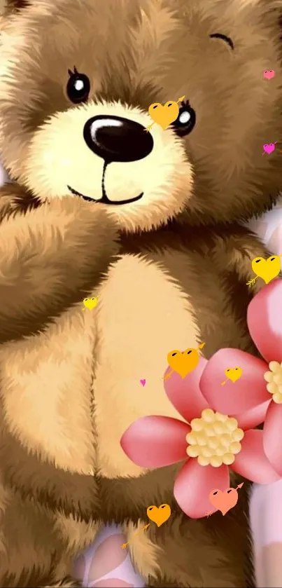 Adorable teddy bear with pink flowers and heart accents on a cute wallpaper.