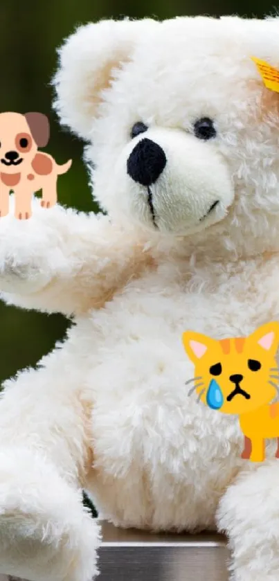 Cute teddy bear on a green background with small animal designs.