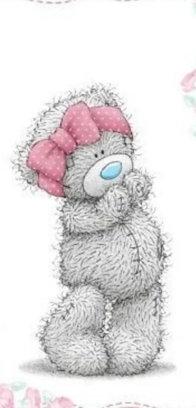 Cute teddy bear with pink bow and floral border wallpaper.