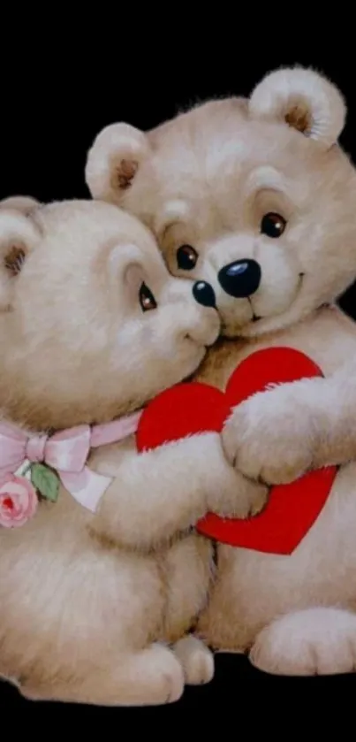 Two adorable teddy bears with a heart on a black background.