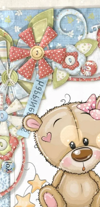 Cute teddy bear wallpaper with floral ribbons.