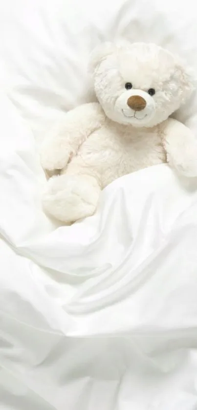 Adorable teddy bear on a soft white background, perfect for a cozy mobile wallpaper.