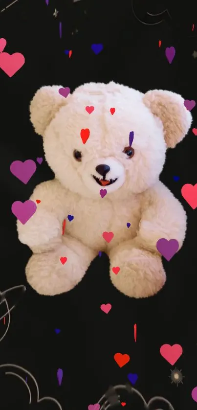 Cute teddy bear with hearts on black background.