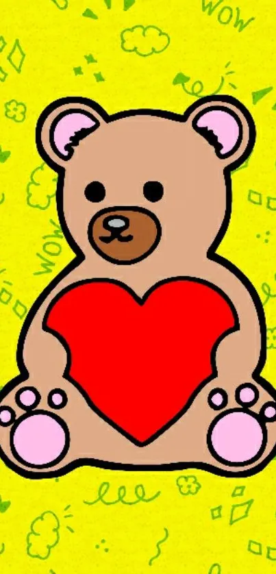 Cute teddy bear with red heart on yellow vibrant background.