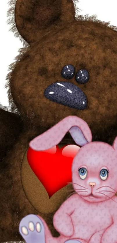 Brown teddy and pink bunny with red heart.