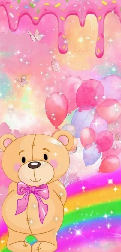 Cute teddy bear with pink balloons and rainbow on pink background.