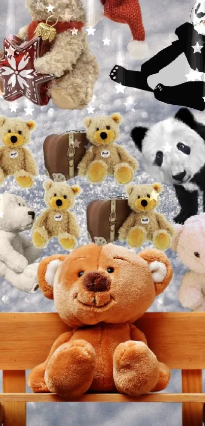 Teddy bears on bench with snowy background wallpaper.