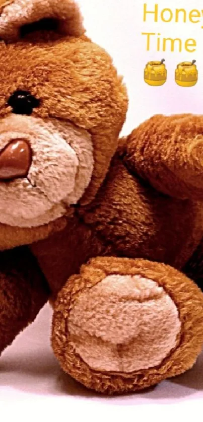 Adorable brown teddy bear on a soft background with 'Honey Time' text.