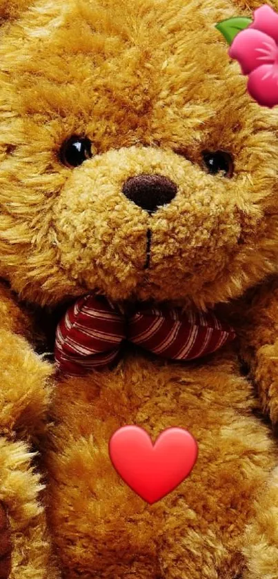 Cute teddy bear with heart and bow tie on white background.