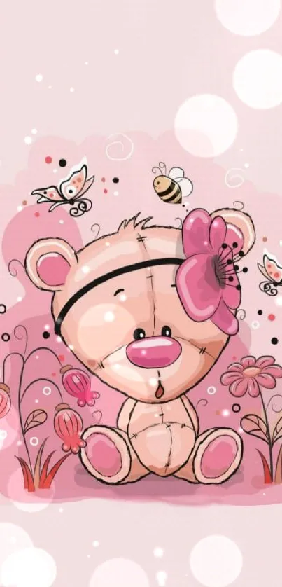 Cute teddy bear with bees and pink flowers wallpaper.