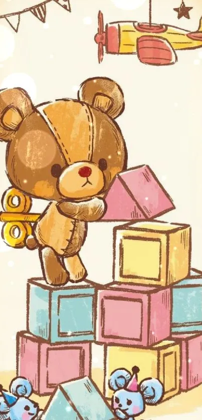 Cute teddy bear with colorful blocks.