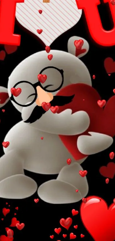 Cute teddy bear hugging a red heart with love symbols