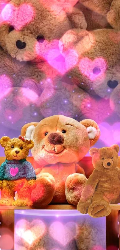 Cute teddy bears on a bench with pink heart background.