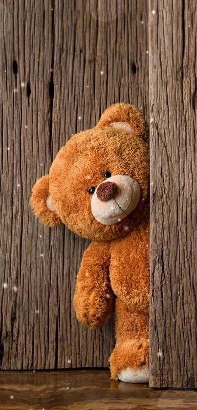 Cute teddy bear peeking from rustic wood wall in cozy wallpaper.