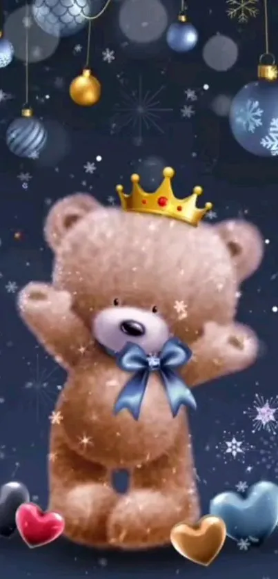 A cute teddy bear with a crown and festive background.