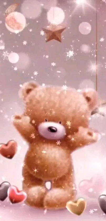 Cute teddy bear with hearts and sparkles wallpaper.