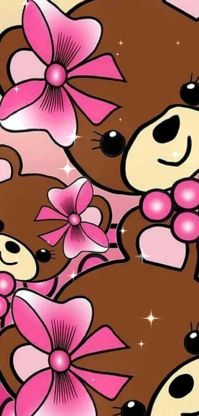 Cute teddy bears with pink bows on a vibrant wallpaper.