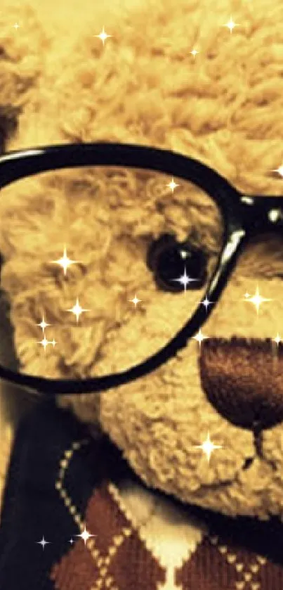 Cute teddy bear with glasses on wallpaper.