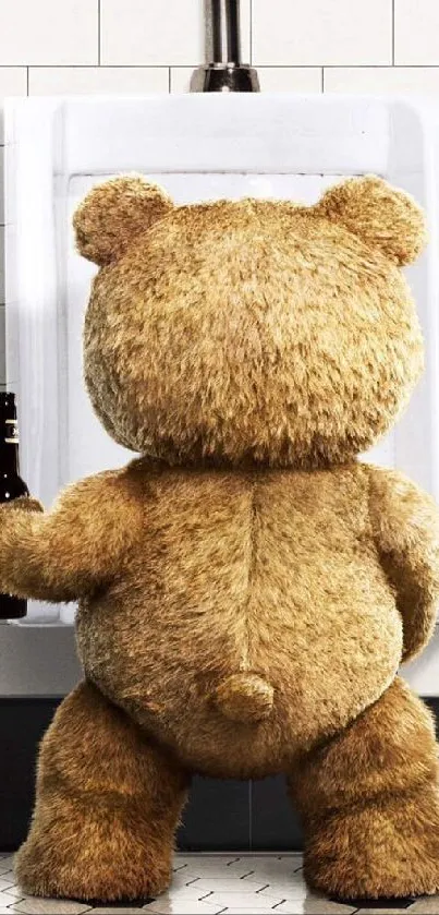 Cute teddy bear standing playfully with a bottle in hand.