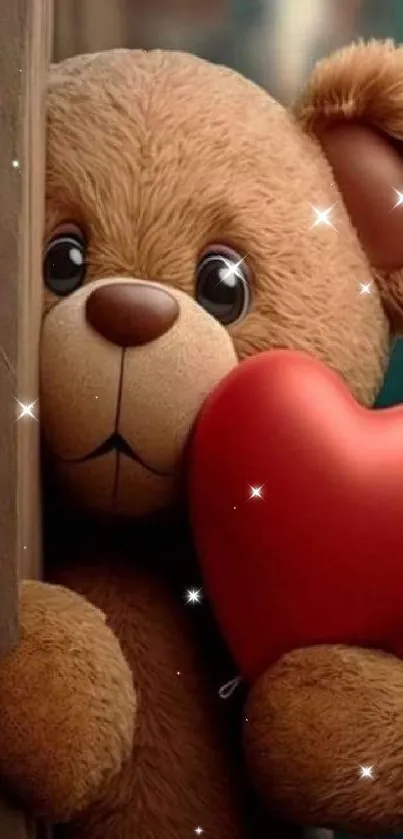 Cute teddy bear with red heart wallpaper.