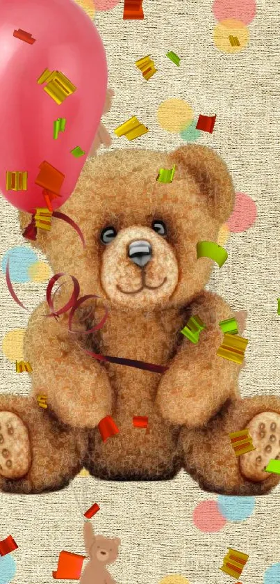 Teddy bear holding a red balloon on a beige background.