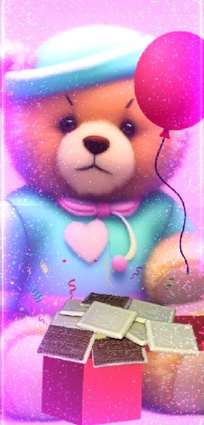 Cute teddy bear with balloon and gift on pink background.