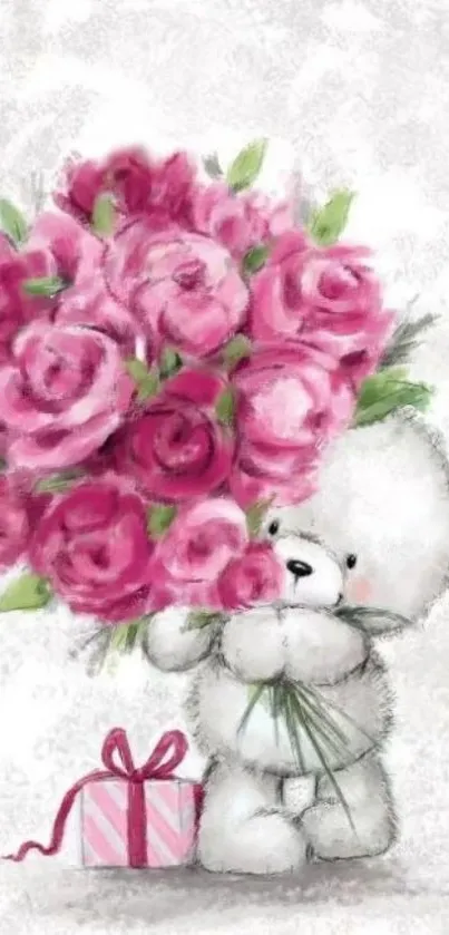 Fluffy teddy bear with pink roses and a gift box.