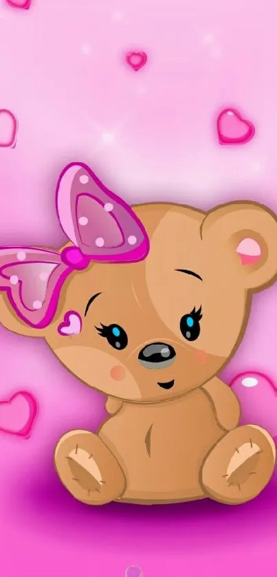 Cute teddy bear with pink hearts on pink background.