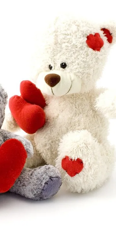 Cute teddy bears with red heart accents on a white background.