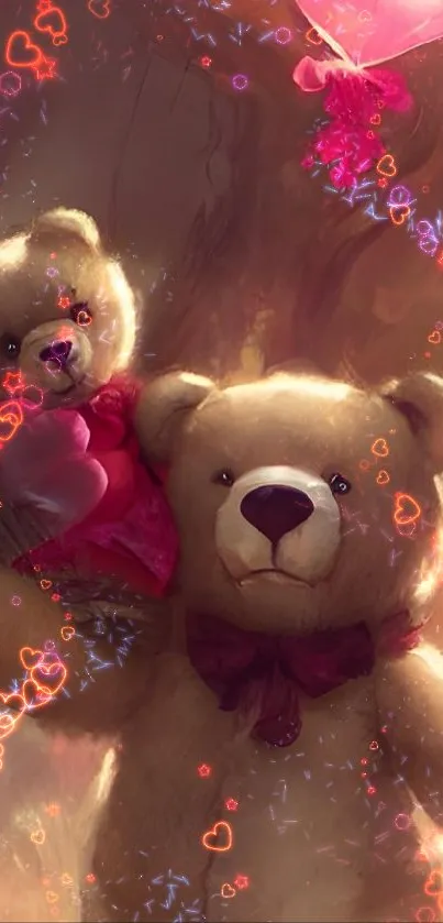 Two teddy bears with heart balloons in warm colors.