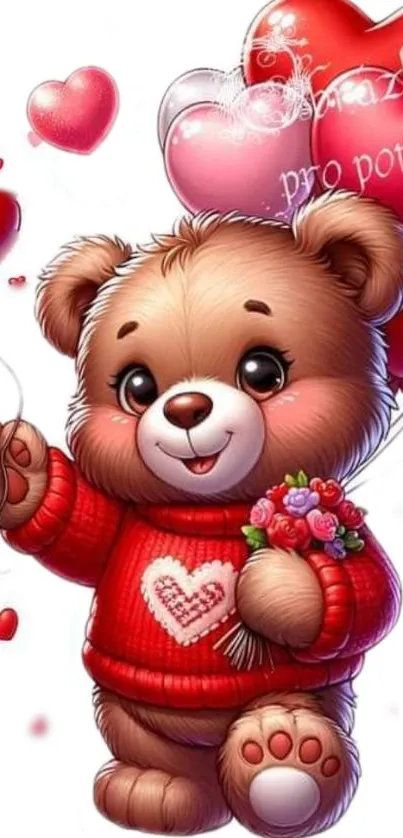 Adorable teddy bear with balloons and flowers on a cute wallpaper.