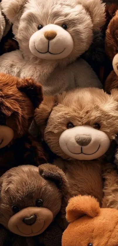 A group of adorable teddy bears in warm and cozy colors.