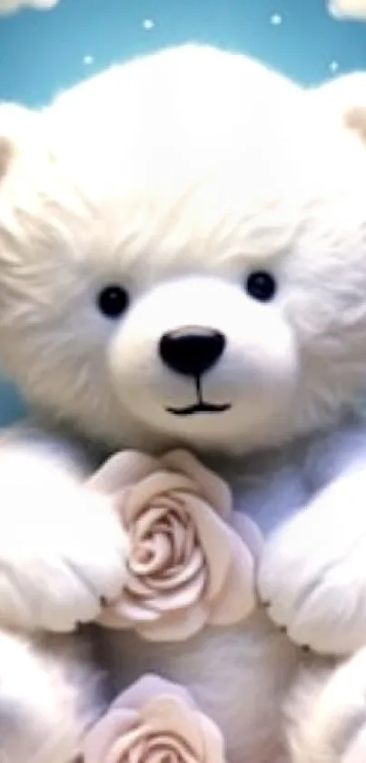 Adorable teddy bear with roses on blue background.