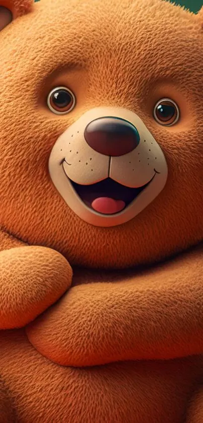 Cute teddy bear smiling on a cozy wallpaper.