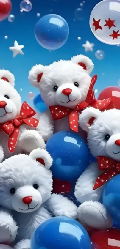 Teddy bears with red bows and colorful balloons.