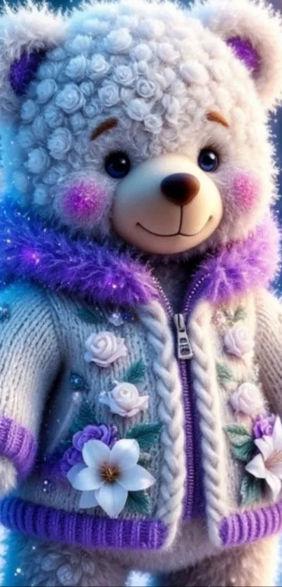 Cute teddy bear wearing floral sweater in snowy scene.
