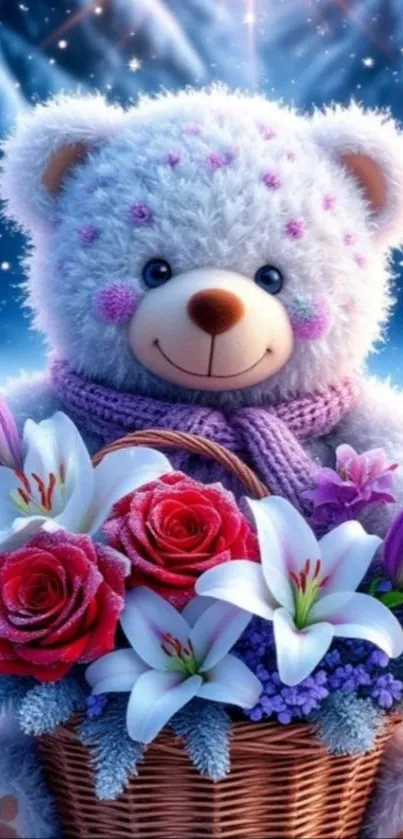 Cute teddy bear surrounded by vibrant flowers.