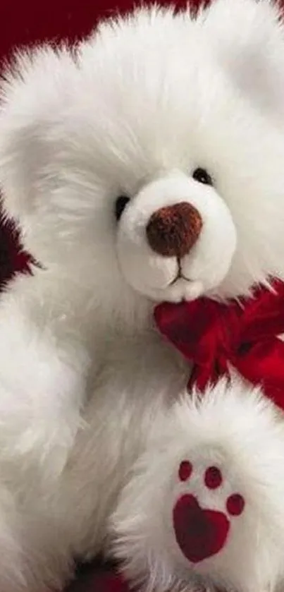 Fluffy white teddy bear with red bow on a rich red background.