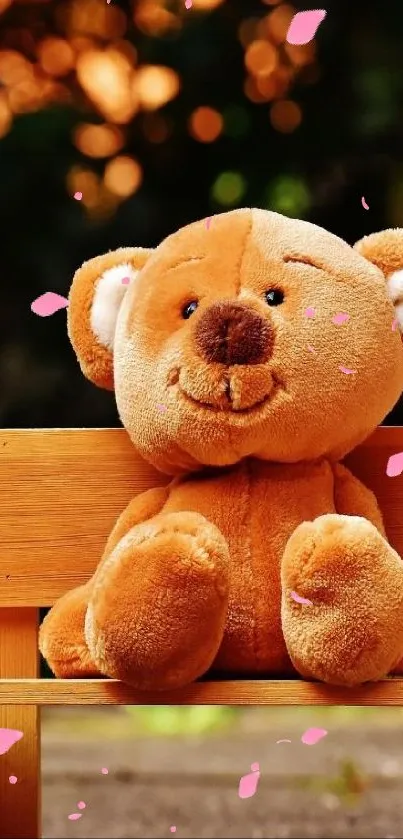 Adorable teddy bear on a wooden bench with a blurred background.