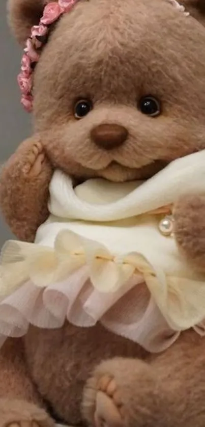 Adorable teddy bear with floral headband in tutu, perfect mobile wallpaper.