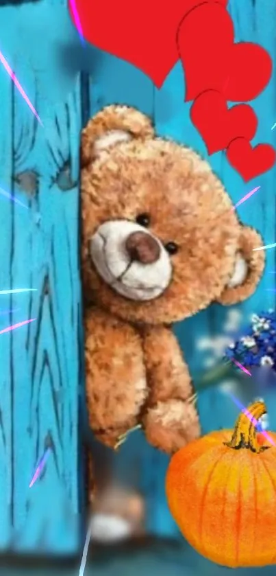 Cute teddy bear peeking from a blue door with hearts and a pumpkin nearby.