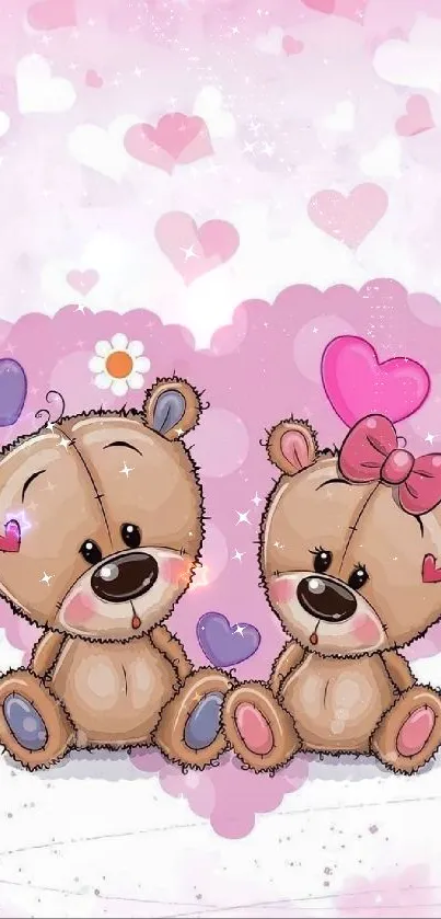 Cute teddy bears with pink hearts wallpaper.