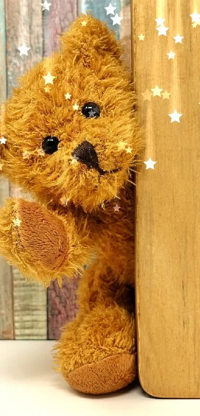 Teddy bear peeking from behind a brown wooden panel with a colorful background.