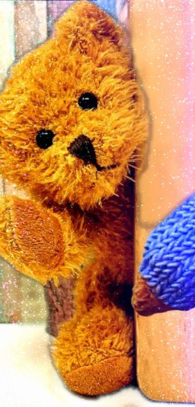 Cute teddy bear peeking from a colorful, cozy wallpaper background.